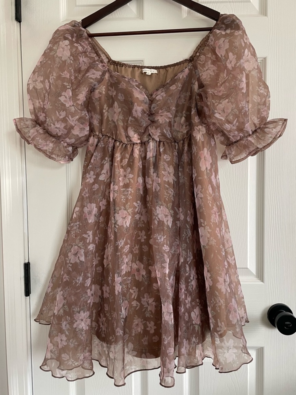 Brown Floral Puff Sleeve Mini Dress Women’s Medium Cottagecore Boho Prairie